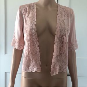 Express Design Studio Silky Silk Pink Lace Light 3/4 Sleeves Open Blouse Top XS